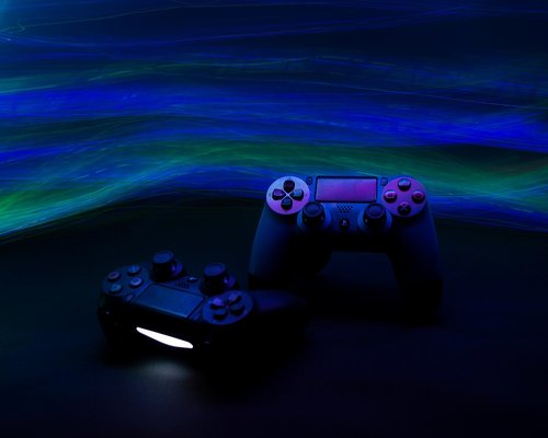 Modern console controllers on display at an event