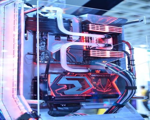 Advanced PC hardware displayed at a technology exhibition